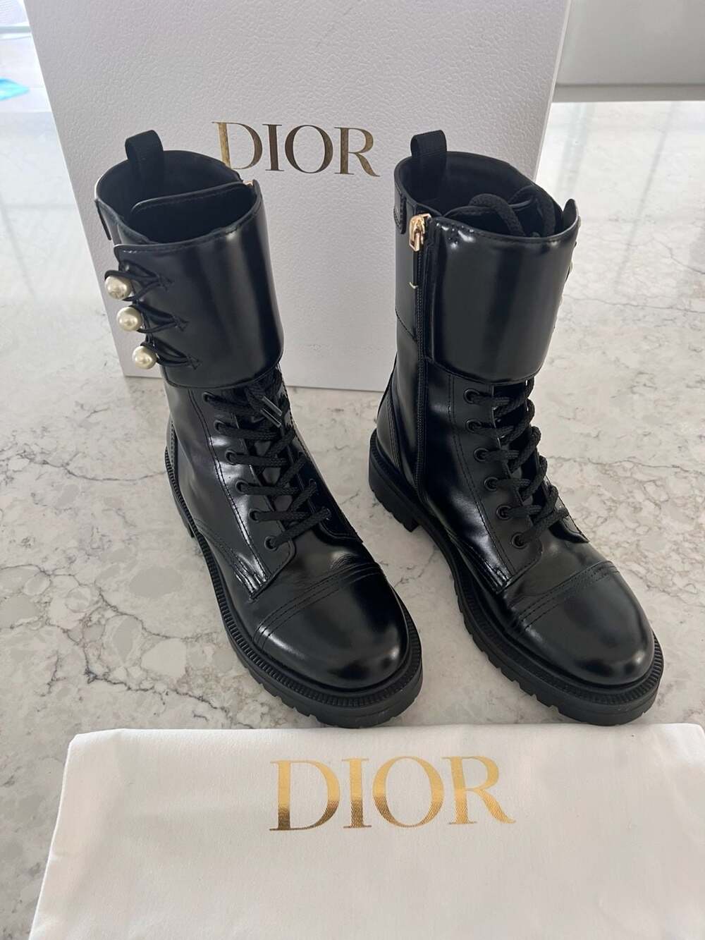 Christian Dior D-Strike Black Calfskin Leather Combat Boots size 37